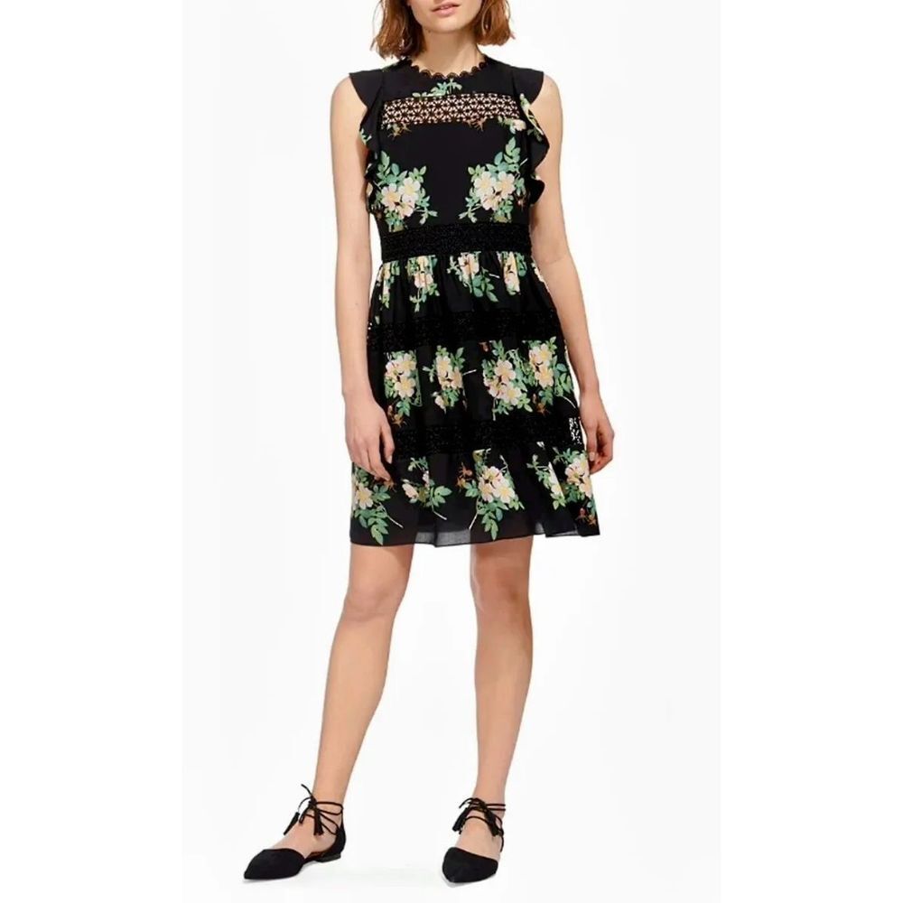WHISTLES Brianna Lace Insert black floral Dress size 8